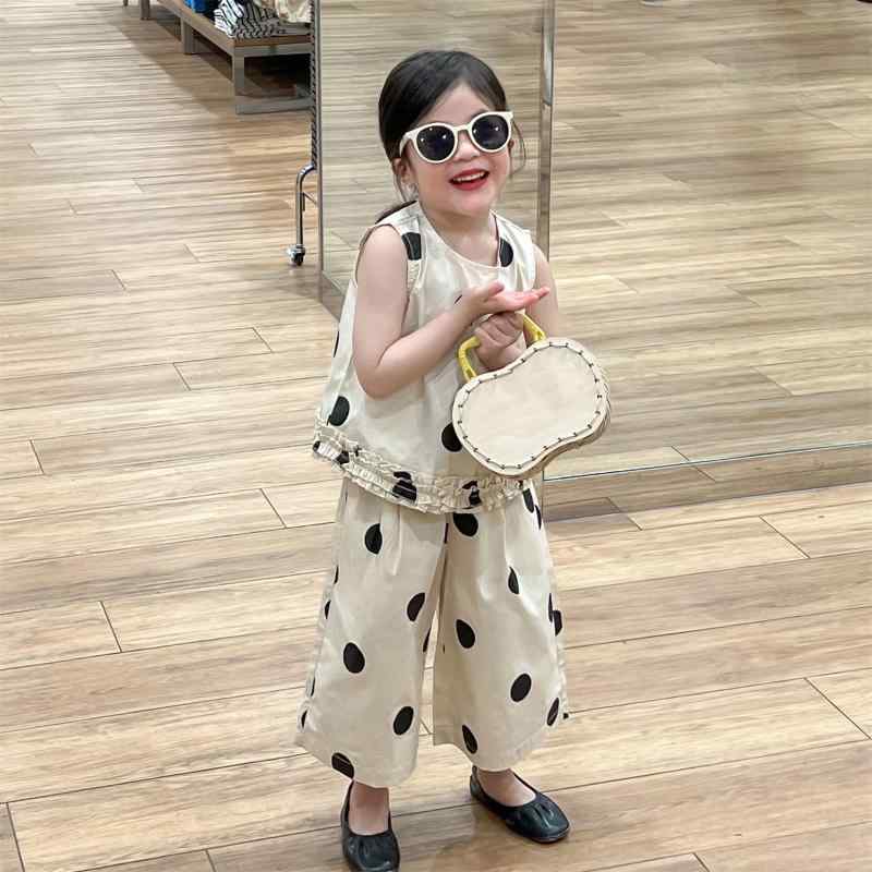 ドット柄パンツセットアップ 女の子 キッズ ノースリーブ ラウンドネック フリル トップス 九分丈 ワイドパンツ ガウチョパンツ 韓国風 カジュアル 綿 コットン 柔らか素材 夏 サマー
