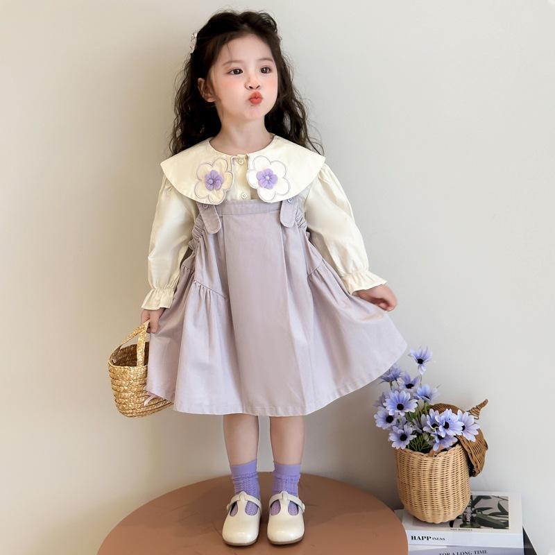 ジャンパースカート サロペット 女の子 キッズ 春秋 韓国風 おしゃれ カジュアル 花柄 パフスリーブ ブラウス トップス セットアップ ツーピース コットンブレンド 柔らかい 普段使い お出かけ パープル