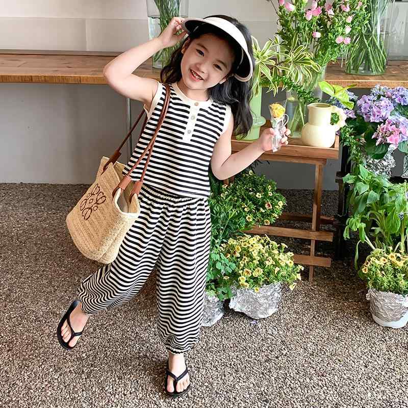 キッズ 男の子 女の子 春夏 カジュアル 韓国ファッション ストライプ柄 ノースリーブ タンクトップ ルーズフィット バルーンパンツ ロングパンツ コットンブレンド セットアップ