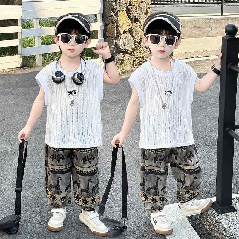 キッズ 男の子 夏服 薄手 ノースリーブ ベスト 九分丈パンツ セットアップ 綿 コットン 接触冷感 普段使い カジュアル リラックスウェア ツーピース 2点セット