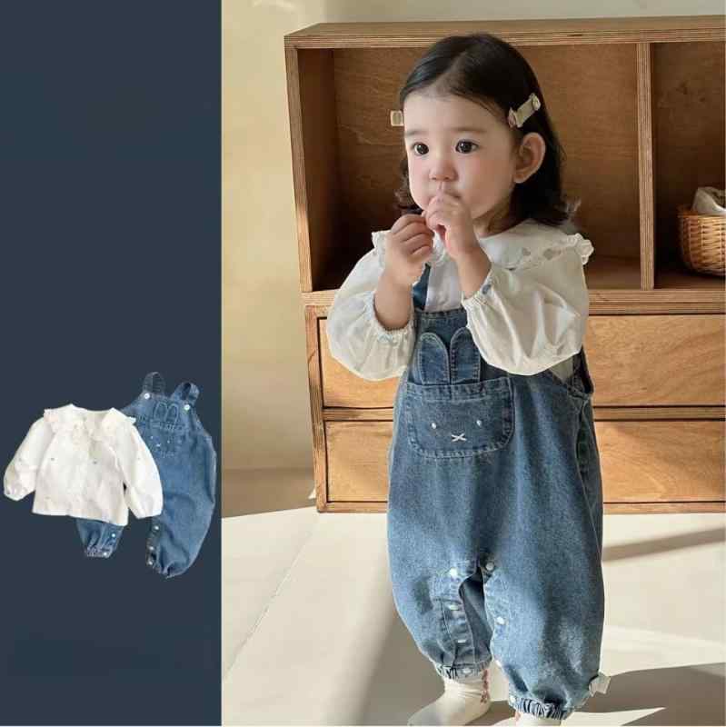 ベビー服 女の子 1歳 幼児 デニム サロペット ブラウス セットアップ 長袖 春秋 韓国風 カジュアル 綿 コットン お出かけ キャラクター柄