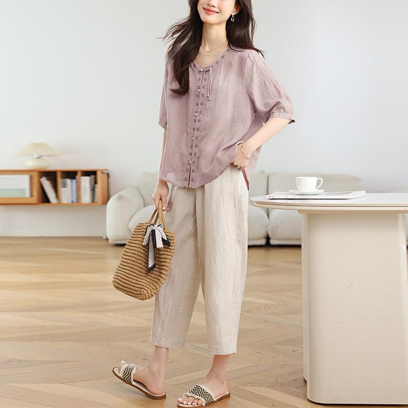 セットアップ レディース 気が大きい大きさ おっ母さん 夏服 心地よい カラムシ麻 ズボン下仕掛ける ゆったり 半袖 クロップド丈 上下仕掛ける 普段使い走り 通い 執務室 好いたらしいめ 無地 好いたらしい 御前上等感