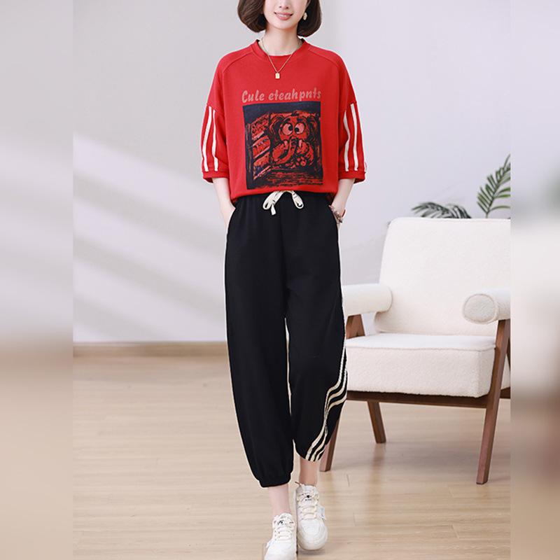 セットアップ レディース 女性用 春夏 カジュアル パンツセット 2点セット 半袖トップス アンクルパンツ 若見え 快適 コットン ポリエステル リラックス