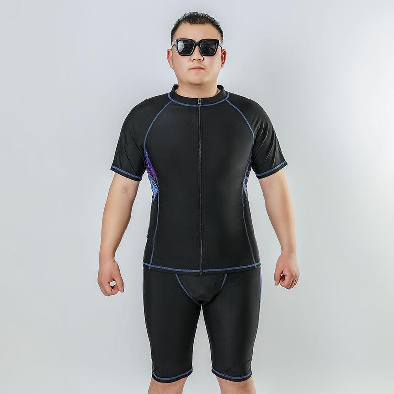 水着 メンズ 大きいサイズ ビッグサイズ セパレート ジップアップ 半袖 ハーフパンツ 速乾 UVカット ナイロン素材 体型カバー サーフィン 温泉 スパ マリンスポーツ ブラック ランニング フィットネス 水泳
