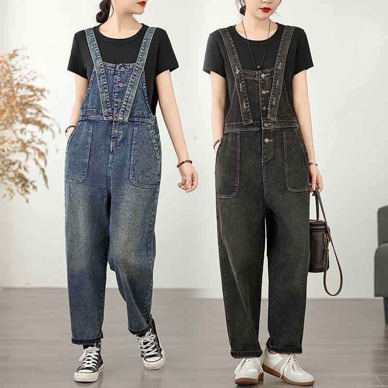 デニム サロペット レディース デザイン オーバーオール ハイウエスト ゆったり ストレート ワイドパンツ コットン 綿 ウォッシュ加工 ブルー スモークグレー 春夏 カジュアル 普段使い リラックス