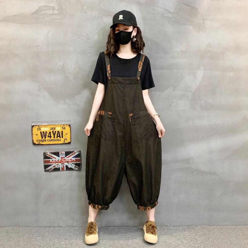 サロペット レディース テンセル デニム オーバーオール ワイドパンツ ユーズド加工 プリント ポケット ノースリーブ 春夏 ゆったり リラックス カジュアル