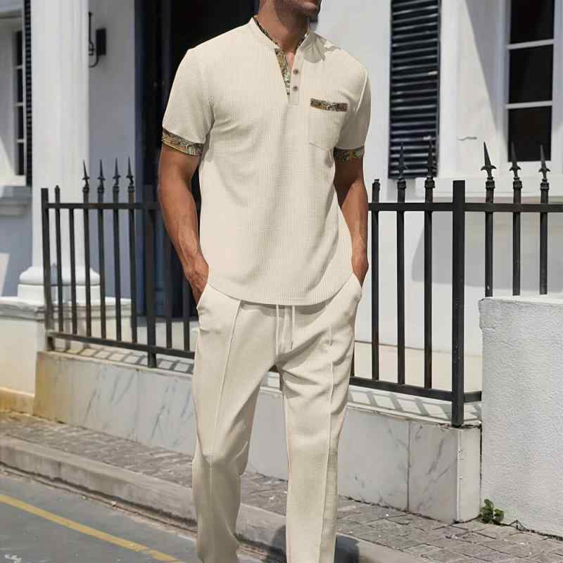 セットアップ メンズ 男性用 ワッフル生地 綿混 ポリエステル 半袖Tシャツ ロングパンツ ポケット付き カジュアル スポーツウェア 部屋着 ワンマイルウェア 春夏 カーキ ホワイト グレー ブラック ブルー