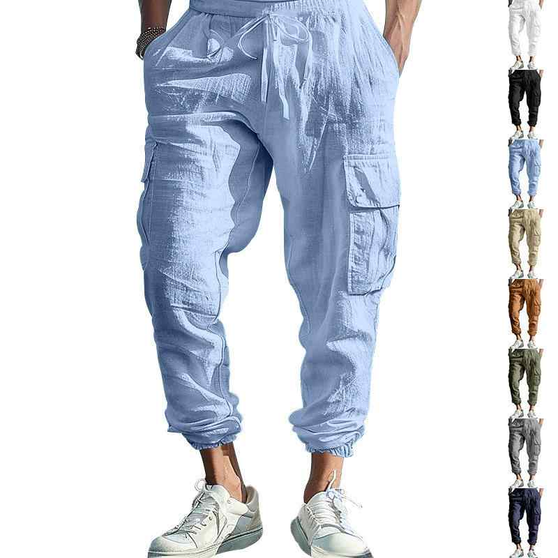 カーゴパンツ メンズ 春秋冬 綿麻 ゆったり ルーズフィット ドローストリング 裾絞り ジョガーパンツ 多ポケット 無地 ロングパンツ ストレッチ イージーケア 普段使い カジュアル