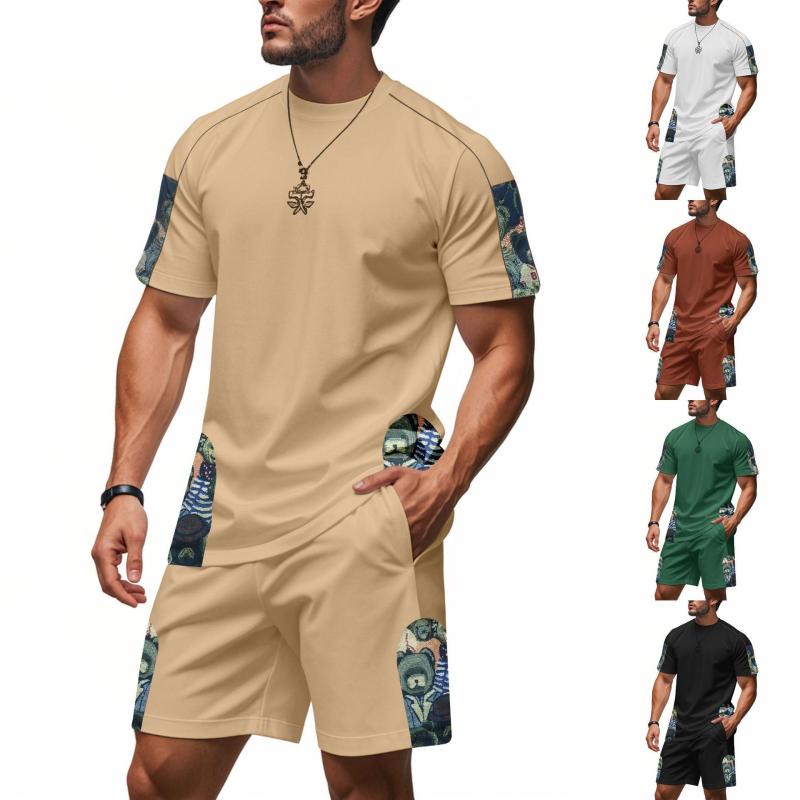 メンズ セットアップ 半袖 Tシャツ ショートパンツ 上下セット クマ柄 クルーネック ゆったり ルーズフィット ストリート ヒップホップ スポーツカジュアル ワッフル生地 ポリエステル 通気性 春夏 普段着