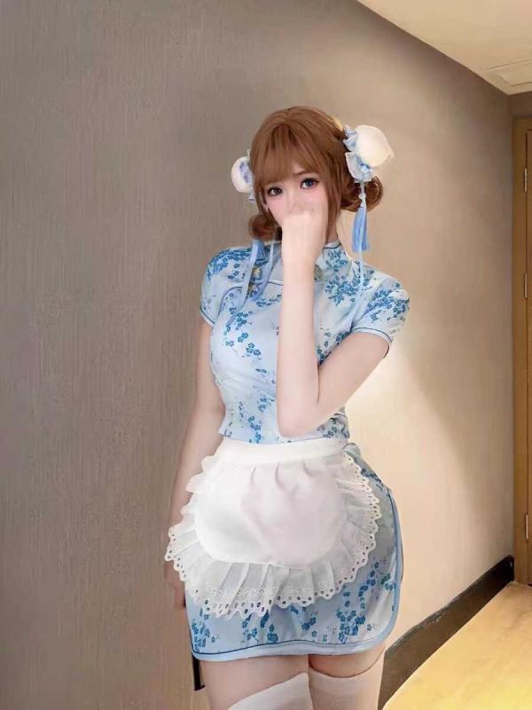 ワンピース レディース 中華風チャイナドレス メイド風 ロリータ風 エプロン コスプレ かわいい 甘め モダン 改良 ドレス 和風 七分袖 ミディ丈 パフスリーブ 春夏