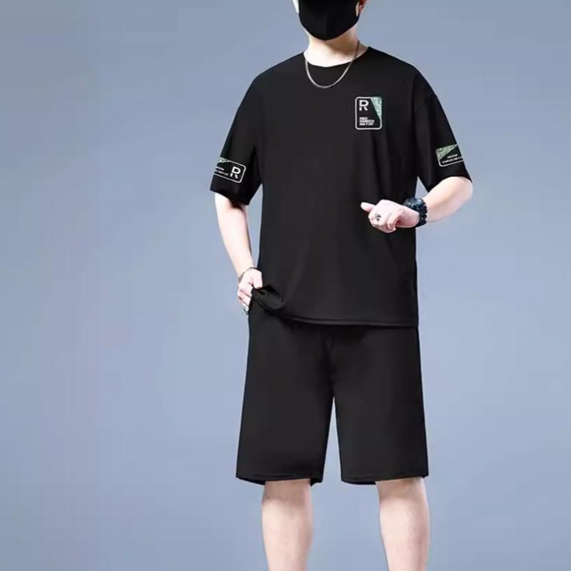 セットアップ メンズ スポーツウェア 接触冷感 半袖 Tシャツ ショートパンツ 上下セット 大きいサイズ ゆったり 春夏 化繊混紡 カジュアル ブラック