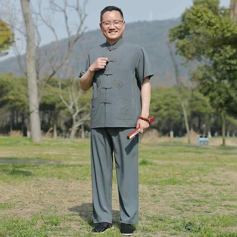 セットアップ メンズ 高齢者向け シニア 軽量 薄手 半袖 唐装 チャイナ服 中国風 カジュアル リラックス 上下セット ポリエステル素材 通気性 涼しい 春夏 普段使い ネイビー ライトグレー ダークグレー