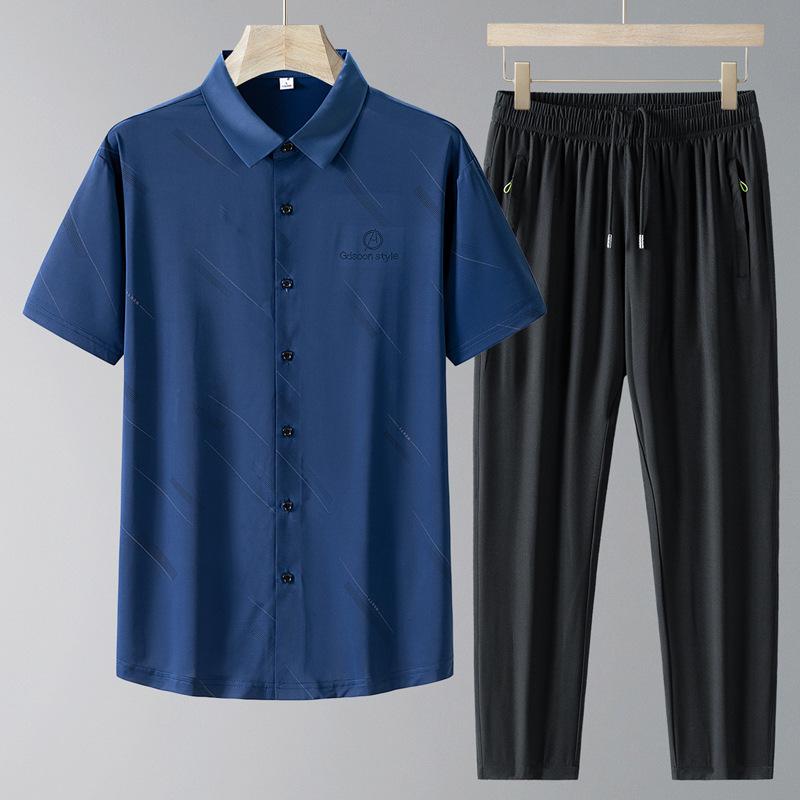 セットアップ メンズ 中高年 シニア 男性向け 半袖シャツ ロングパンツ 2点セット 夏物 接触冷感 薄手 カジュアル 普段使い 部屋着 ポリエステル リラックス