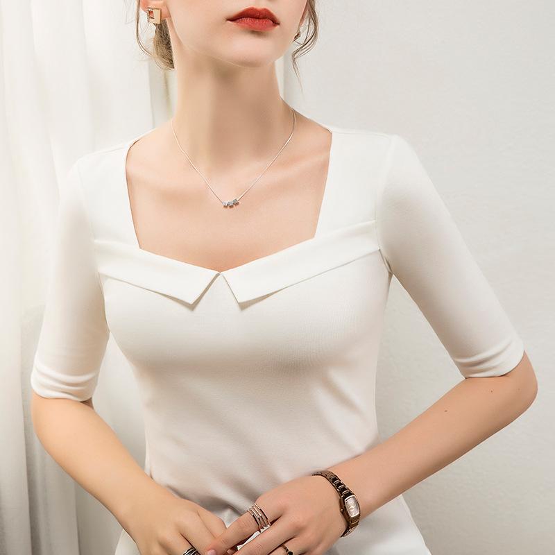 Tシャツ レディース フレンチカジュアル スクエアネック 五分袖 カットソー 綿 無地 スリム フィット 切り替え デザイン 普段使い 黒 白 レッド 夏