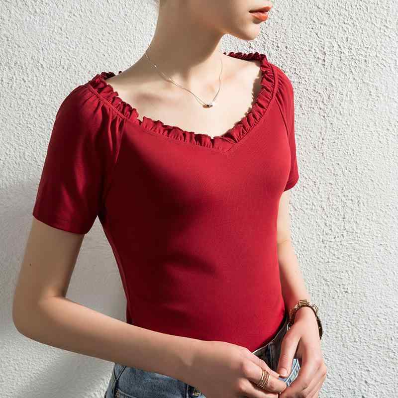 Tシャツ レディース 半袖 オフショルダー 鎖骨見せ スリムフィット 無地 コットン フリル 立体デザイン トップス カジュアル 春夏