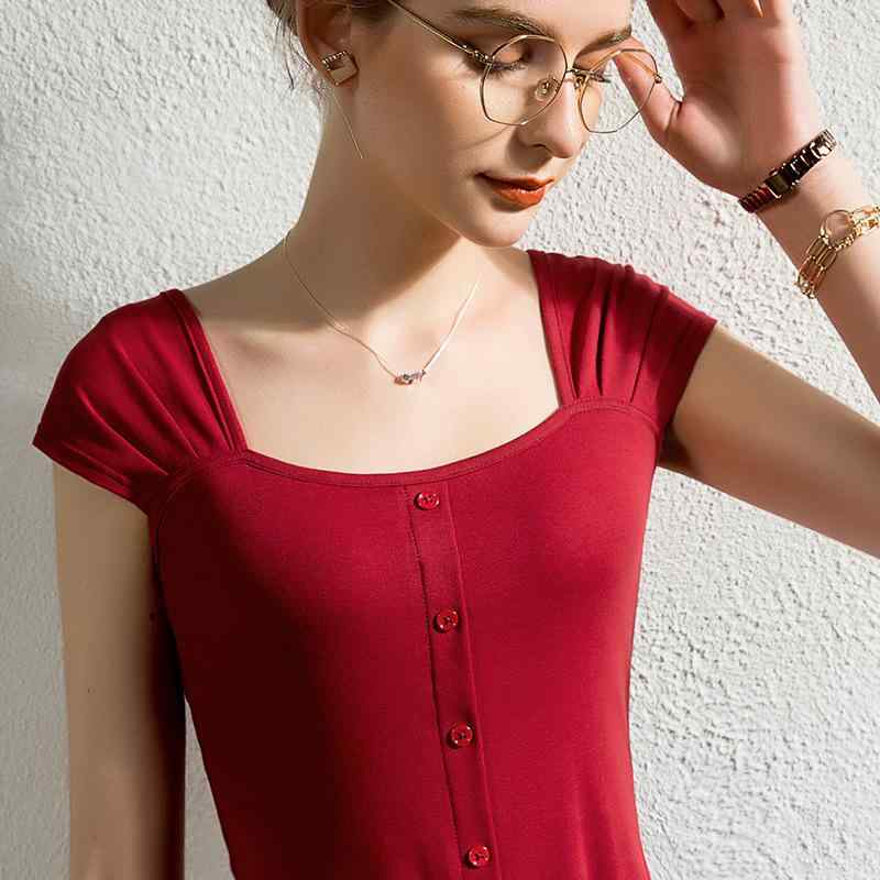 Tシャツ レディース フレンチ スクエアネック チェリーレッド 半袖 綿100％ 無地 キャップスリーブ ギャザー トップス 春夏 通勤 オフィス カジュアル