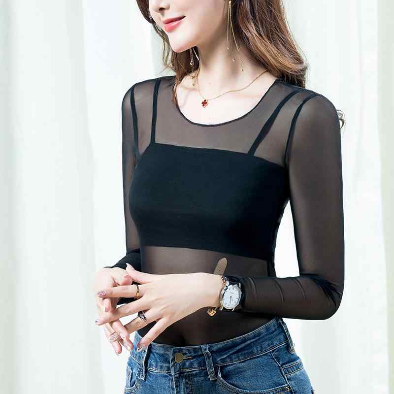 Tシャツ レディース 秋冬 シースルー メッシュ レース 長袖 トップス インナー スリムフィット タイト ラウンドネック セクシー 通勤 ブラック