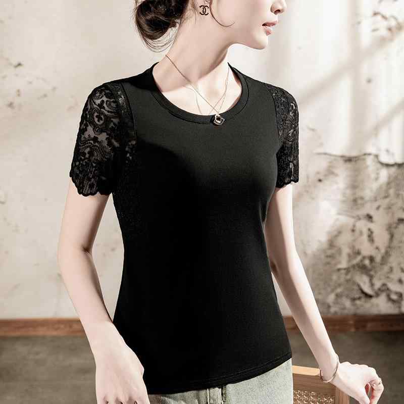Tシャツ レディース ラウンドネック レース 切り替え 透かし編み ショートスリーブ スリムフィット 着回し 春夏 綿 スパンデックス プルオーバー 形態安定 きれいめカジュアル エレガント 無地 ブラック ホワイト｜花りぼん