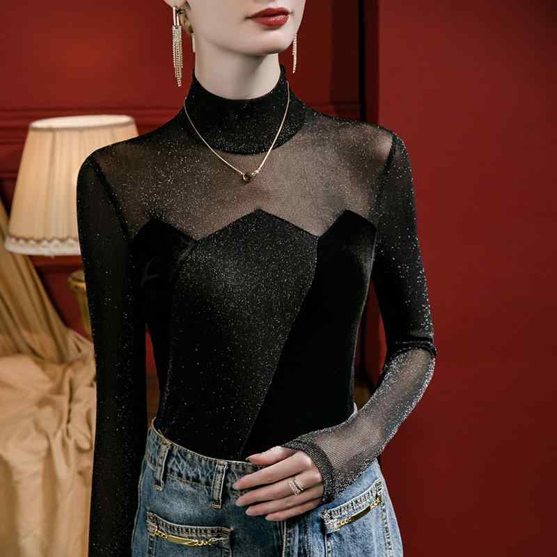 トップス レディース ベロア ラメ メッシュ 切り替え 長袖 ハイネック スリム フィット 上品 きれいめ インナー カットソー 秋冬 ブラック