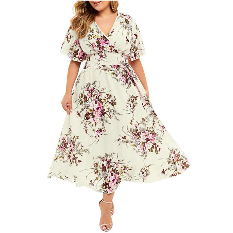 ワンピース レディース 大きいサイズ Vネック 半袖 プリント ミモレ丈 ウエストゴム ウエストマーク 体型カバー 大人可愛い きれいめ 春夏 普段使い お出かけ ポリエステル ピンク ネイビー アプリコット