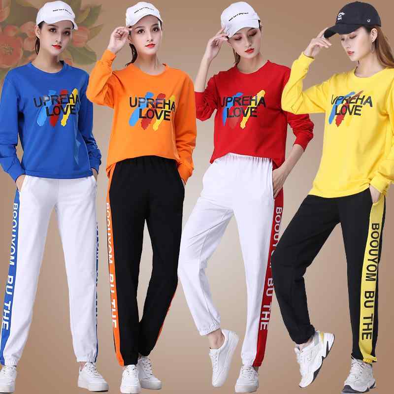 ダンスウェア レディース 女性用 長袖 Tシャツ ロンT コットン 綿混 セットアップ 上下セット 三色切り替え マルチカラー デザイン 練習着 レッスン着 発表会 ステージ衣装