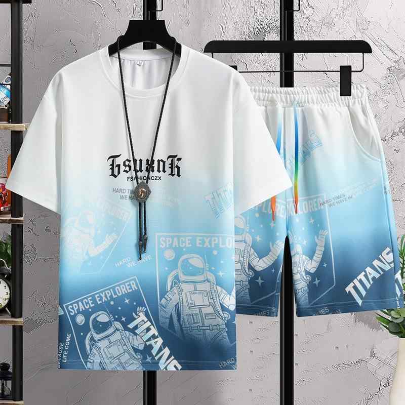 セットアップ メンズ 男性用 半袖 Tシャツ ショートパンツ クルーネック グラデーション プリント ワッフル生地 上下セット 夏 伸縮性 普段使い カジュアル リラックスウェア 部屋着