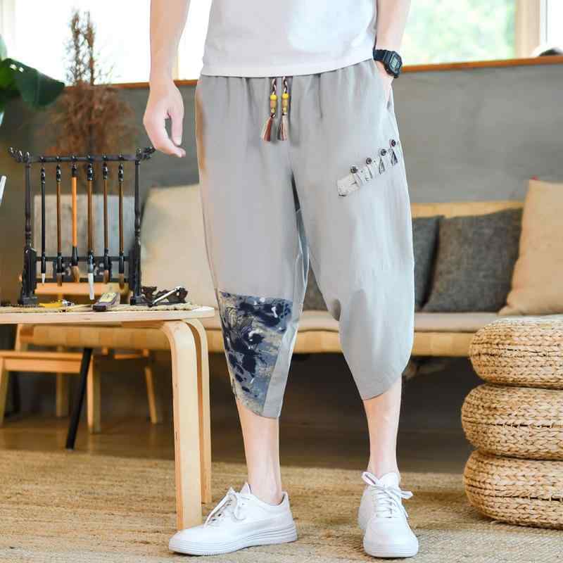 カジュアルパンツ メンズ 綿麻 コットンリネン ポリエステル混紡 七分丈 サルエル 切り替え 中国風 ゆったり リラックス ドローストリング 紐 伸縮性 大きいサイズ 普段使い デイリー ルームウェア ブラック ネイビー グレー ホワイト