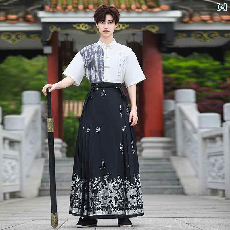 漢服 メンズ 半袖 セットアップ 馬面スカート 箔押し 古風 新中華風 レトロ 大きいサイズ カジュアル ストリート ポリエステル 春夏