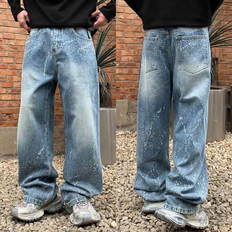デニムパンツ メンズ ルーズストレート ワイドシルエット ゆったり 太め ライトブルー ペイント加工 ウォッシュ加工 アメリカンストリート系 クール 高級感 春秋 カジュアル 普段使い コットン