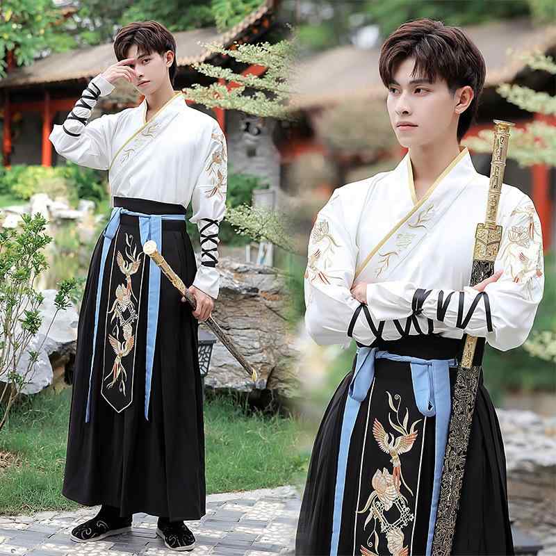 漢服 メンズ 男性用 武侠風 時代劇風 中国風 古装 伝統衣装 大きいサイズ ビッグシルエット ゆったり かっこいい 貴公子 侠客 書生風 エレガント 軽やか 綿 コットン 学園祭 舞台衣装 コスプレ 団体服 ベージュ ブラック ツートンカラー
