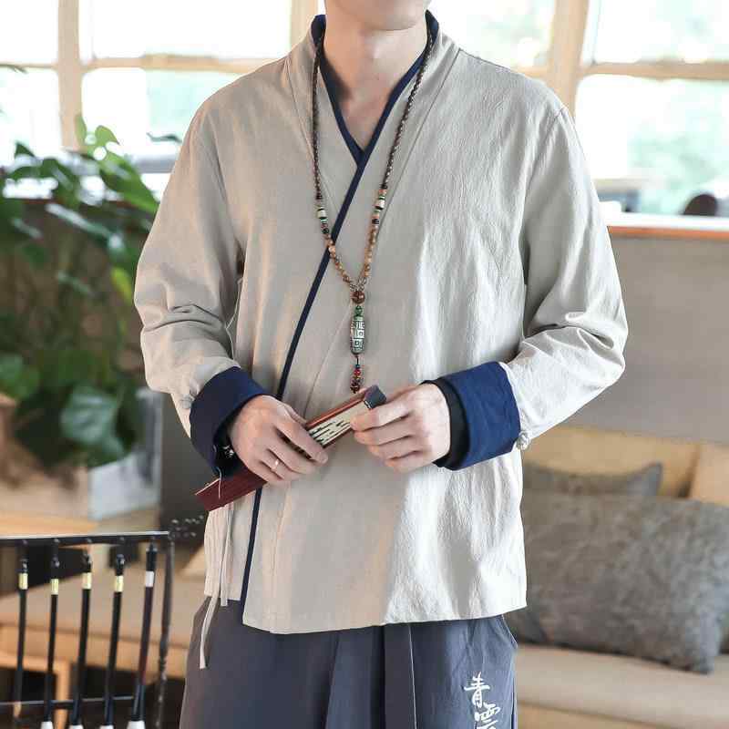 漢服 メンズ 男性用 道袍 唐装 中華風 エスニック 斜め襟 斜め開き レトロ ビンテージ 禅風 仏教風 瞑想 麻混 ポリエステル 普段着 部屋着 リラックスウェア ブラック ネイビー ベージュ 夏物