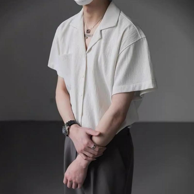 シャツ メンズ 男性用 半袖 オープンカラー 開襟 薄手 ルーズシルエット ゆったり カジュアル おしゃれ リラックススタイル 普段使い ポリエステル素材 シワになりにくい 夏トップス 白 黒 ピンク