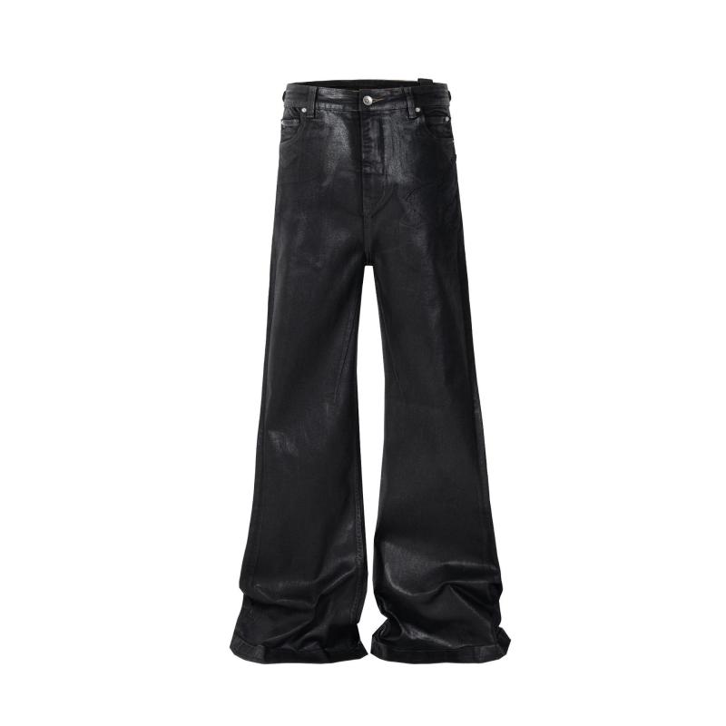 デニムパンツ メンズ ハイストリート アメカジ 個性派 フェイクレザー コーティング加工 ストレッチ フレア ゆったり ワイド ウォッシュ加工 ヴィンテージ加工 厚手 ブラック コットン
