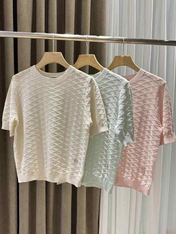 ニット Tシャツ レディース 半袖 サマーニット 接触冷感 涼しい 和紙風 粗編み 透かし編み ゆるシルエット ゆったり 5分袖 丸首 クルーネック 無地 シンプル カジュアル プルオーバー トップス｜花りぼん