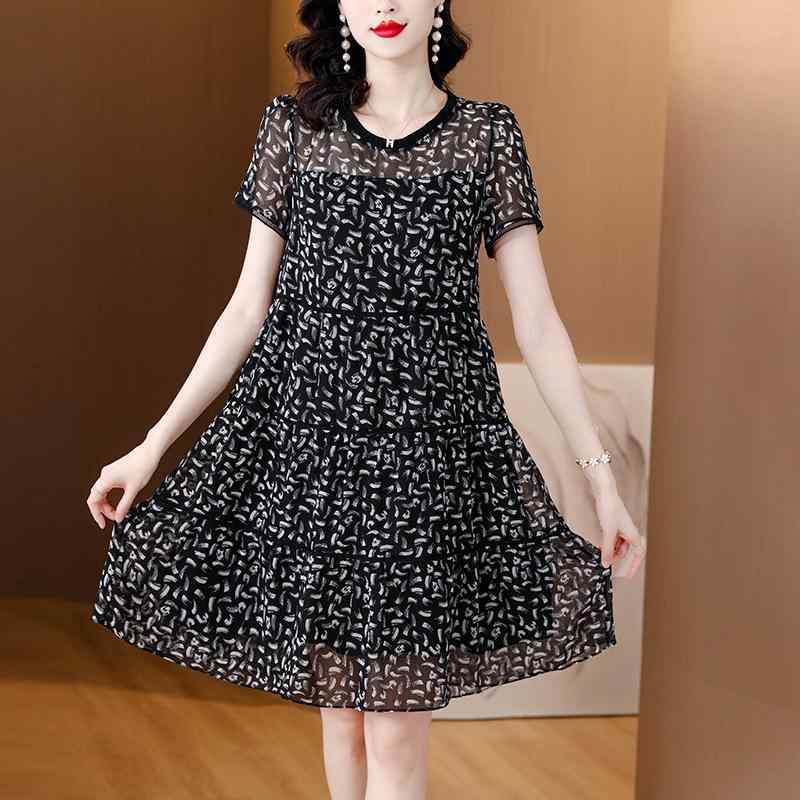 ワンピース レディース 女性用 シルクシフォン 花柄プリント ミディ丈 ウエストシェイプ 細見え ミセス ママ エレガント 上品 Aラインシルエット 半袖 ラウンドネック ハイウエスト 夏 ドレス ブラック グリーン
