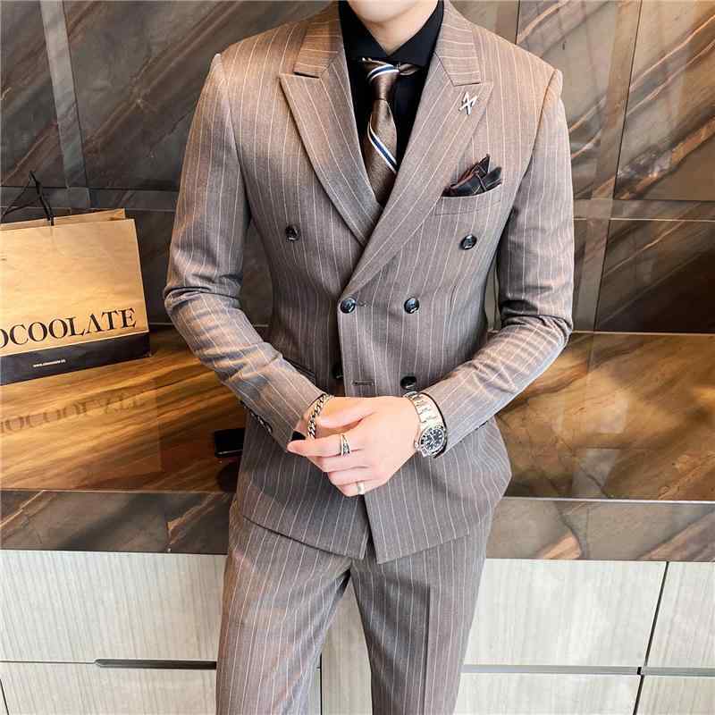 背広 メンズ か細い相応う 縞模様柄 ダブル前胸部 スリー天下太平 セットアップ 春夏 華燭の典 交歓会 フォーマル 韓国風 商行為 成人男性用 成人男性服 3点仕掛ける 細身 縦縞飾りつけ 綿混紡 執務室 寄りあい 黒いこと うす暗い薄墨色