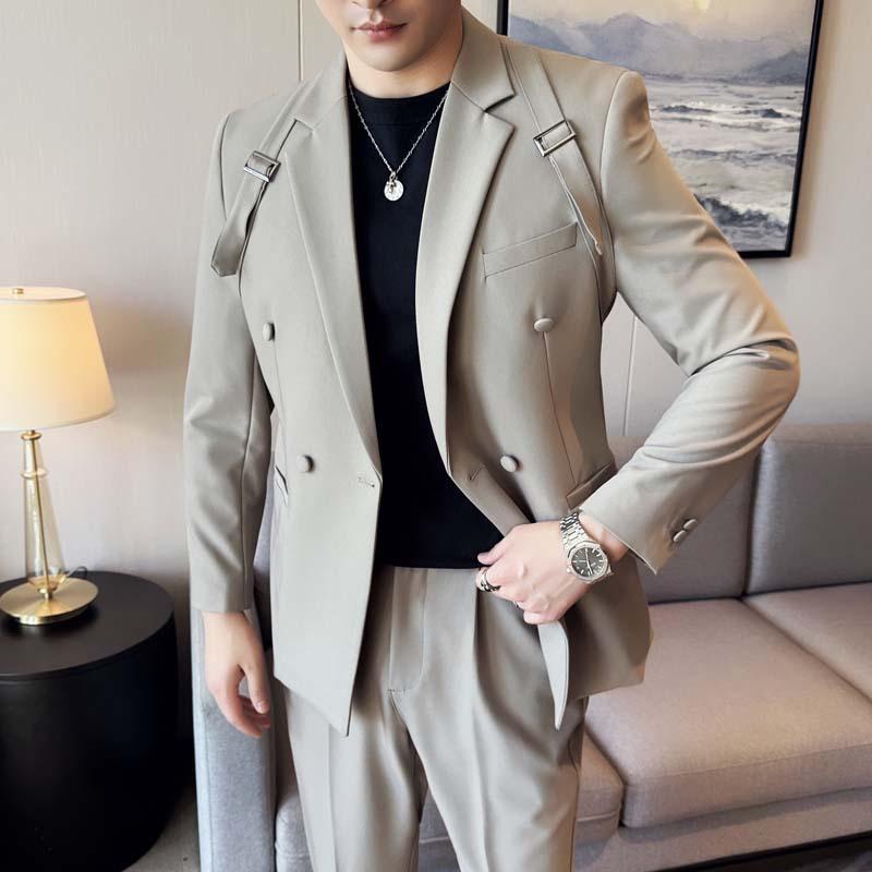 スーツ メンズ 男性用 カジュアル セットアップ 2点セット ジャケット パンツ 英国風シック 韓国スタイル スリムフィット イージーケア コットンブレンド 白 黒 ブルーグレー カーキ 秋物