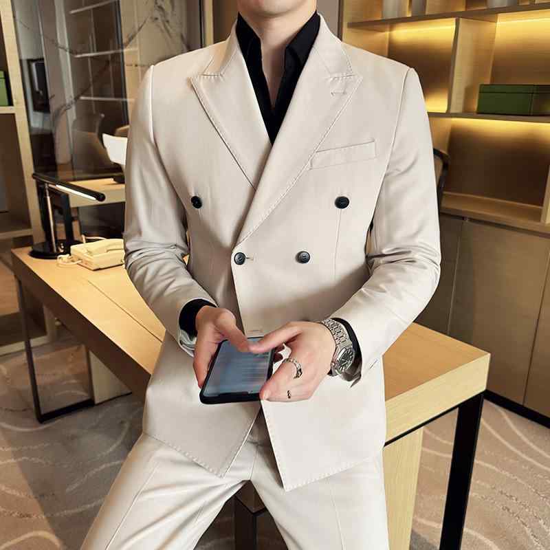 スーツ メンズ 春夏 薄手 高品質 綿麻 リネン混 ピークドラペル ダブルボタン セットアップ スリムフィット ビジネス オフィス カジュアル 黒 カーキ ベージュ 襟元ステッチ｜花りぼん