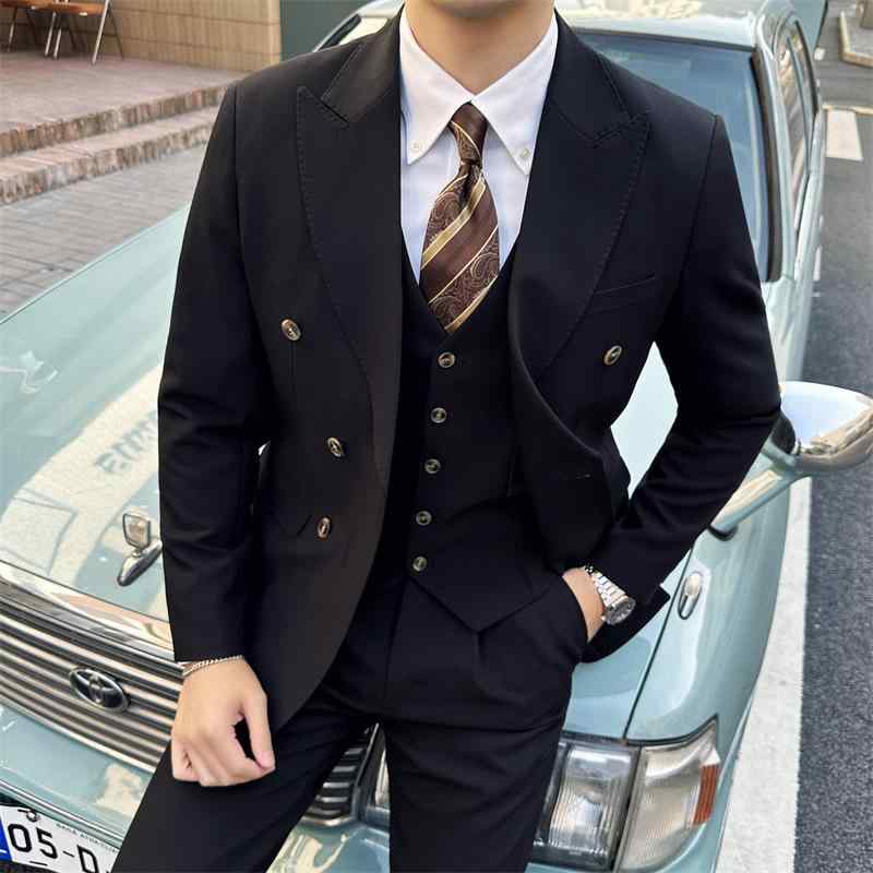 スーツ メンズ 男性用 ダブルブレスト スリーピース ビジネス カジュアル 通勤 オフィス 結婚式 披露宴 フォーマル パーティー セットアップ スリムフィット スタイリッシュ 混紡 春秋