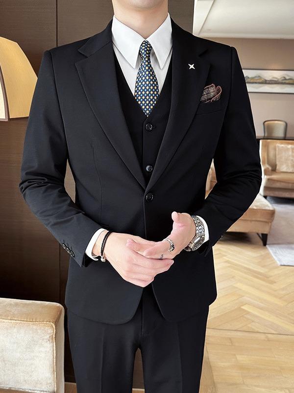 スーツ メンズ 男性用 秋冬 スリーピース 三点セット シングルブレスト 一つボタン ノッチドラペル カジュアル ビジネス 通勤 結婚式 フォーマル スリムフィット 厚手 再生繊維混 綿混 ブラック ダークグレー ネイビー