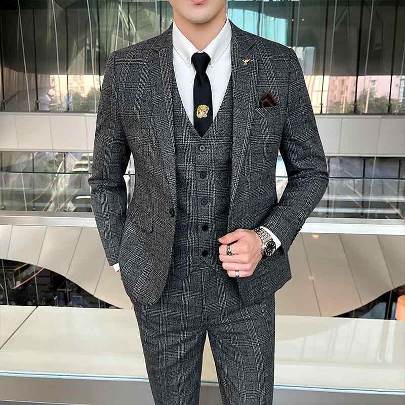 スーツ メンズ 男性用 春秋 フォーマル カジュアル ビジネス 通勤 礼服 韓国風 スリムフィット スリーピース 3点セット 吸湿速乾 ポリエステル ビスコース コーヒー ダークグレー ダークブルー