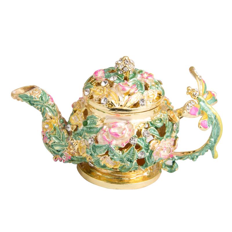 ジュエリーボックス ティーポット型 花柄 フラワーモチーフ エナメル彩 琺瑯 メタル製 合金製 精巧 繊細 ミニ 小物入れ 飾り箱 インテリア オブジェ 置物 ライトグリーン シルバー