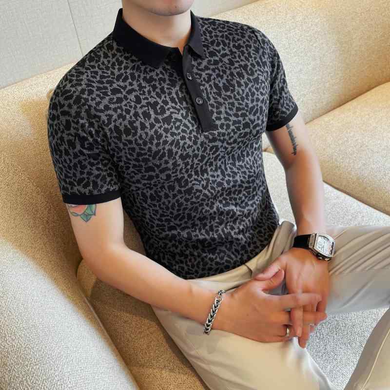 ポロシャツ メンズ 半袖 襟付き ヒョウ柄 プリント スリムフィット 薄手 綿素材 伸縮性 吸湿速乾 春夏 カジュアルスタイル 普段使い ブラック ホワイト ブラウン