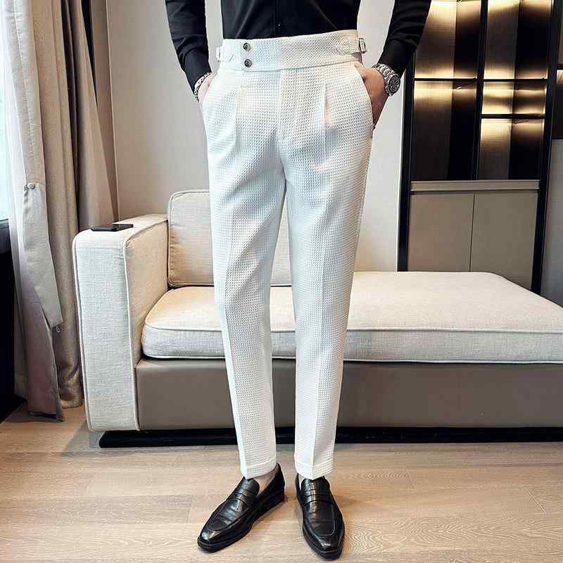 カジュアルパンツ メンズ スリムフィット スキニー ロングパンツ ワッフル生地 ポリエステル ストレッチ アイロン不要 白 黒 薄緑 コーヒー 普段使い