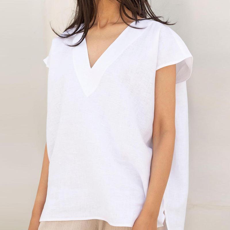 Tシャツ レディース Vネック リネン 半袖 トップス ゆったり オーバーサイズ 体型カバー 前後差 ミドル丈 エレガント 上品 カジュアル 夏 普段使い ナチュラル ホワイト