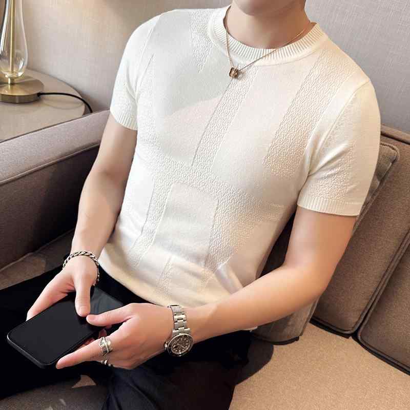 ニット メンズ 半袖 春秋 丸首 スリムフィット インナー カットソー トップス セーター カジュアル 普段使い レイヤード ウォッシャブル ポリエステル混紡