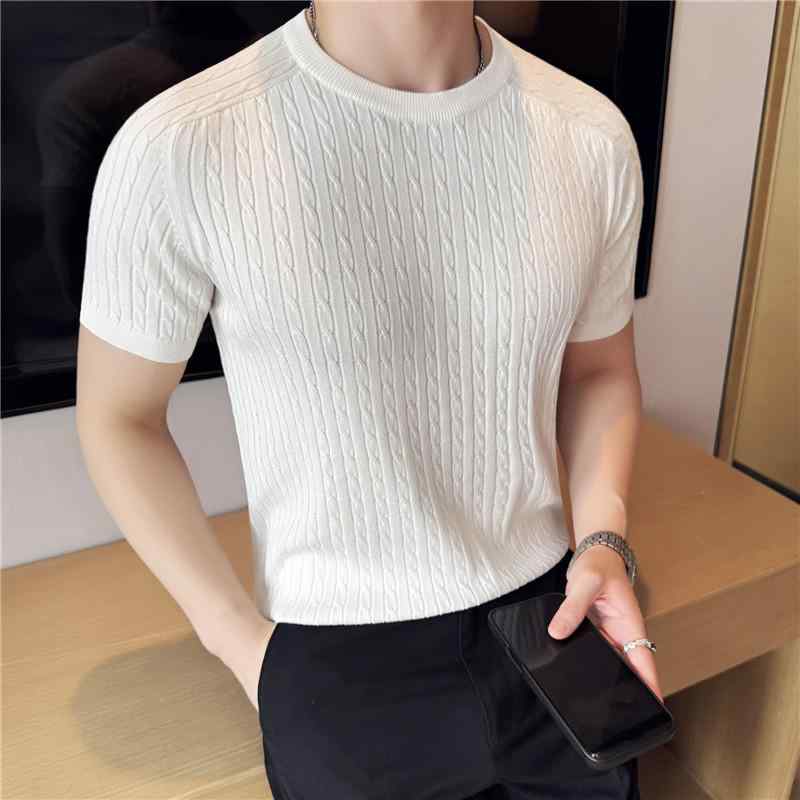 Tシャツ メンズ 半袖 薄手 ケーブルニット 無地 クルーネック 春夏 トップス 男性 スリムフィット 再生繊維 普段使い カジュアル ブラック ホワイト