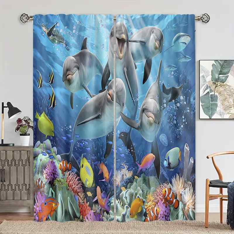 カーテン 防水 防カビ 遮光 ポリエステル 海底世界 海の生き物 イルカ 魚 マリン柄 プリント モダン シンプル 装飾 インテリア 寝室 リビング オフィス キッチン 書斎用