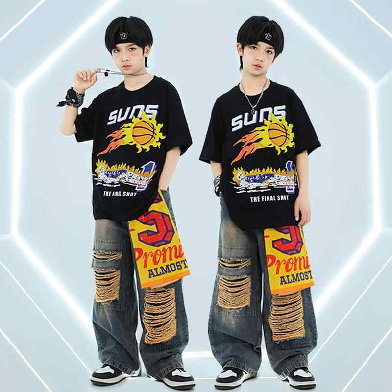 ダンス衣装 キッズ 子供用 ヒップホップ ジャズ ストリートダンス 半袖Tシャツ デニムパンツ セットアップ 発表会 練習着 舞台衣装 イベント コンクール 男女兼用 カジュアル