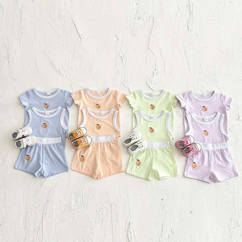 ベビー セットアップ 女の子 半袖 Tシャツ ショートパンツ 3点セット 春夏 ピーチ柄 かわいい パステルカラー 綿 薄手 カジュアル スポーツ